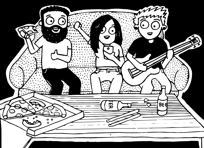 Band members sitting on couch with pizza and beer